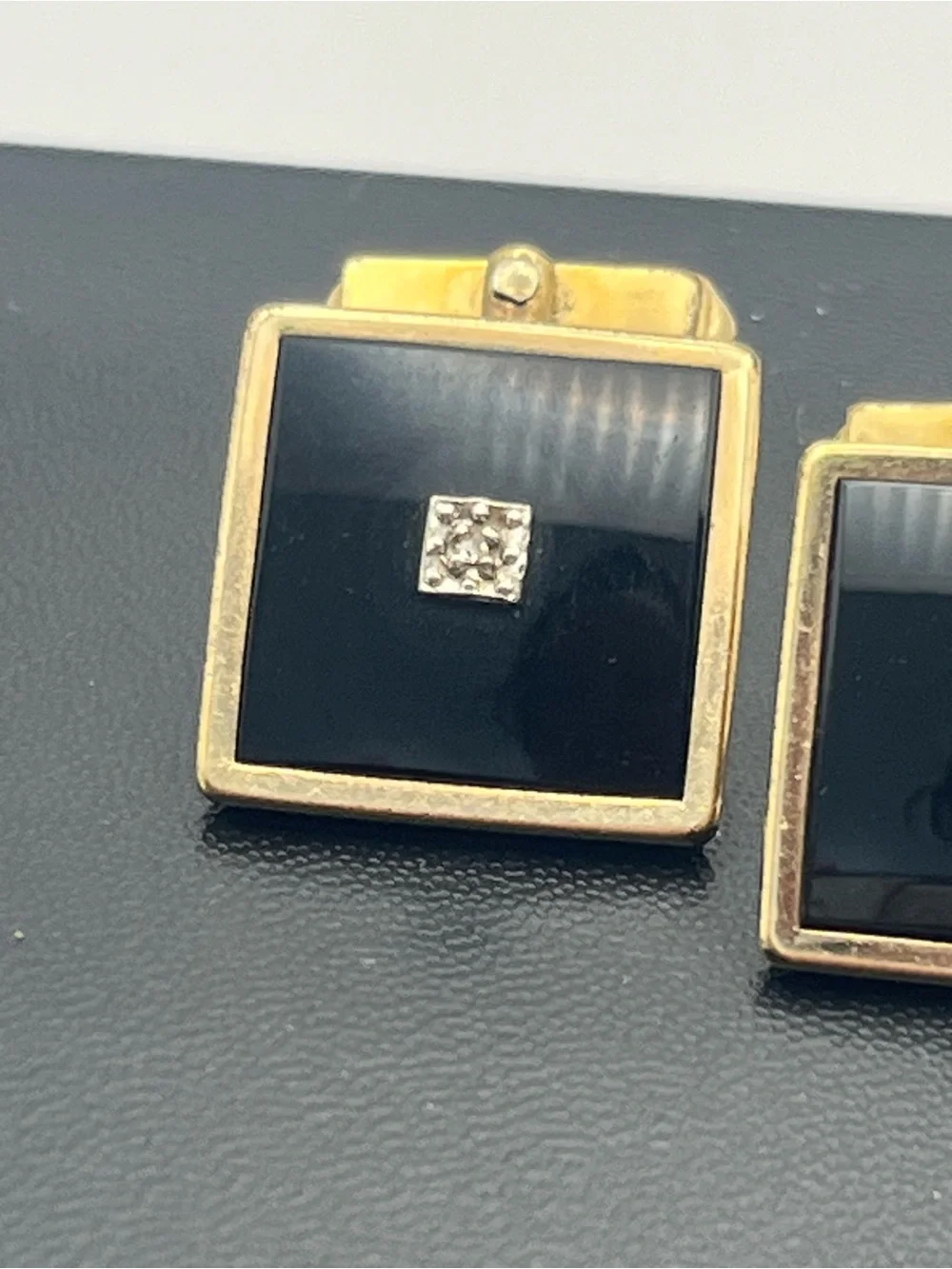 Swank 12k gold filled diamond chip black stone square cufflinks vintage